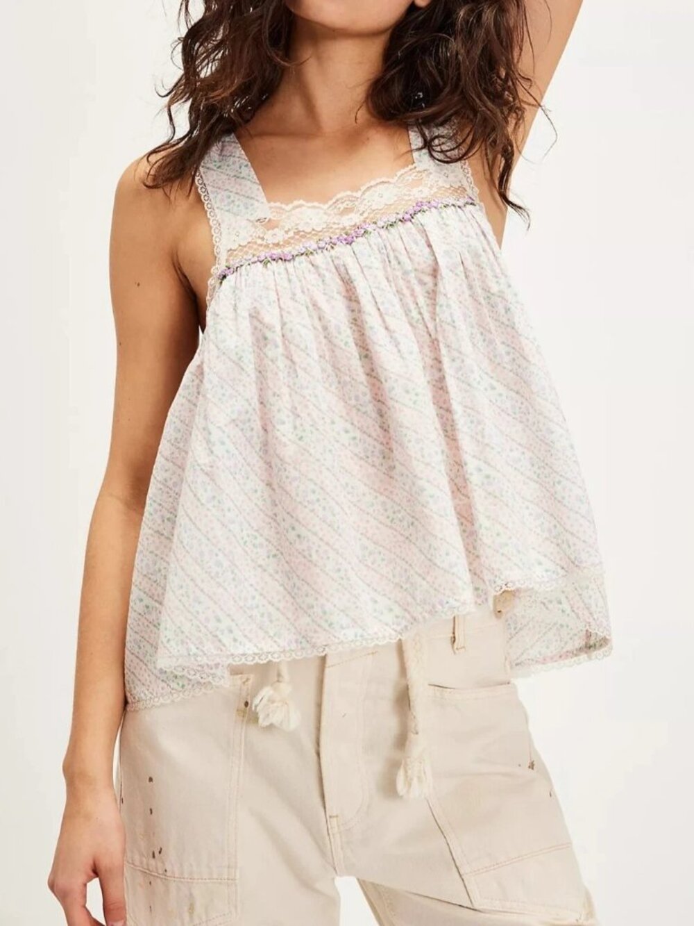 Free People Floral Harmony Tank Top Lace Floral Printed Embroidered XS 290376
